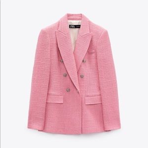 Zara Double Breasted Textured Weave Jacket in Pink